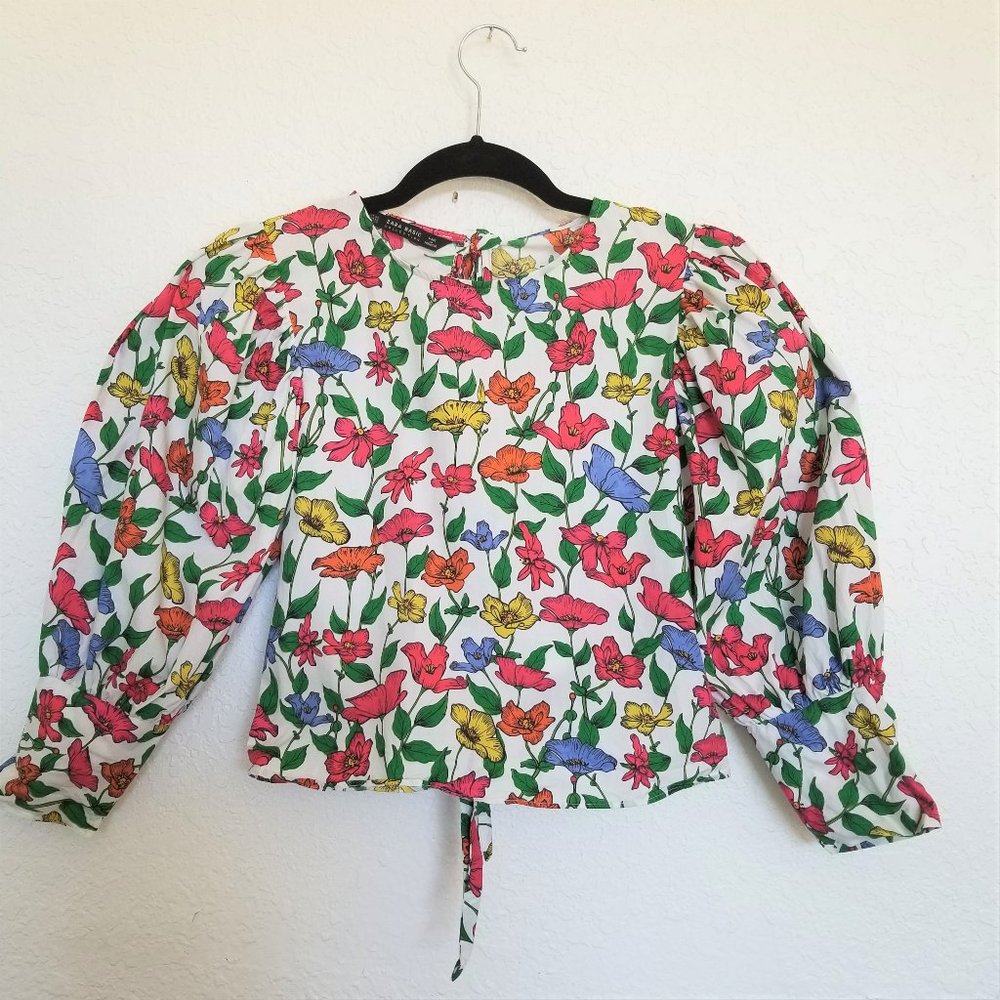 Zara Cotton Tropical Print Puffed Sleeve Crop Top